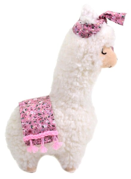 Pupazzo Lama bianco con fiocco fiorellini rosa cm 28x14xh45