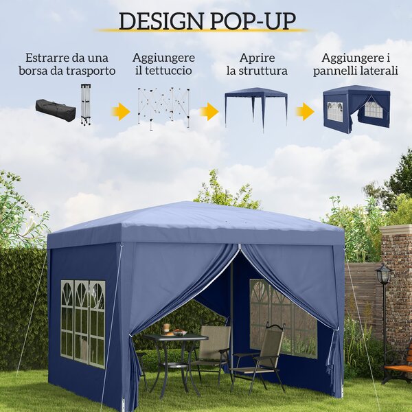 Outsunny Gazebo da Giardino 3x3m Pieghevole con Borsa da Trasporto, Copertura impermeabile, con Corde e Picchetti Inclusi,Blu | Aosom Italy