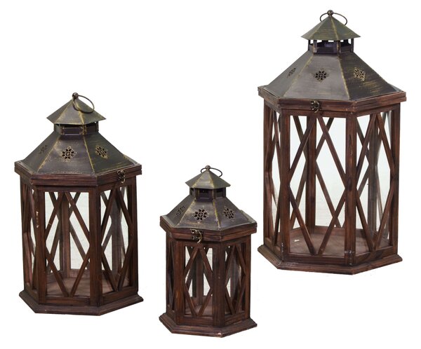 Set 3 Lanterna in legno marrone scuro esagonale