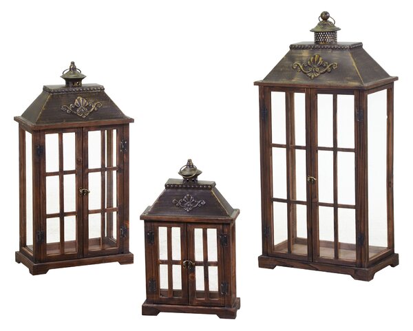Set 3 Lanterna in legno marrone scuro rettangolare