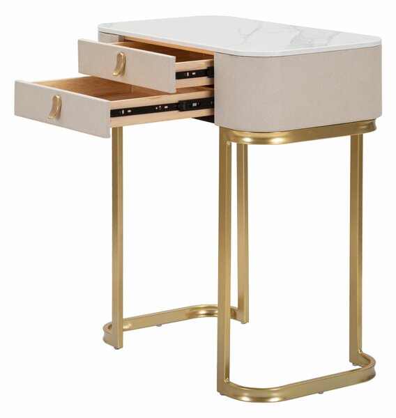 Console in tessuto bianco con piano in simil marmo completa di 2 cassetti, SHINE , Dimensioni 70x40xh 80 cm - Peso 13 kg La struttura in metallo dorato e tessuto imbottito