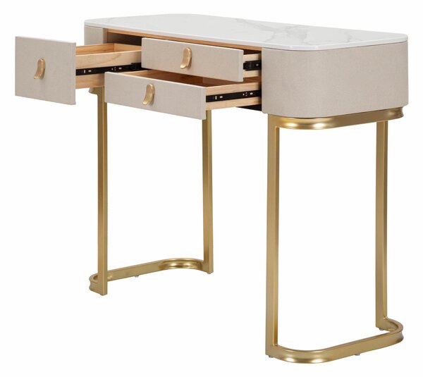 Console in tessuto bianco con piano in simil marmo completa dI 3 cassetti, SHINE , Dimensioni 100x40xh 80 cm - Peso 16 kg La struttura in metallo dorato e tessuto imbottito