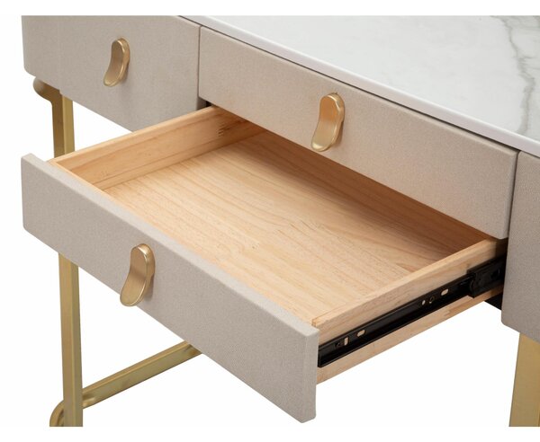 Console in tessuto bianco con piano in simil marmo completa dI 3 cassetti, SHINE , Dimensioni 100x40xh 80 cm - Peso 16 kg La struttura in metallo dorato e tessuto imbottito