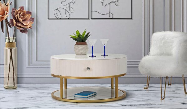 Tavolo da caff� rotondo con struttura in metallo dorato, MONTPELLIER, dimensioni 42x42x h 48 cm design ondulato colore bianco