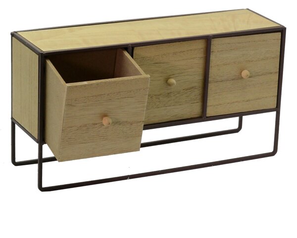 Portatutto in legno e in metallo marrone arrugginito 3 cassetti cm 38x11xh20