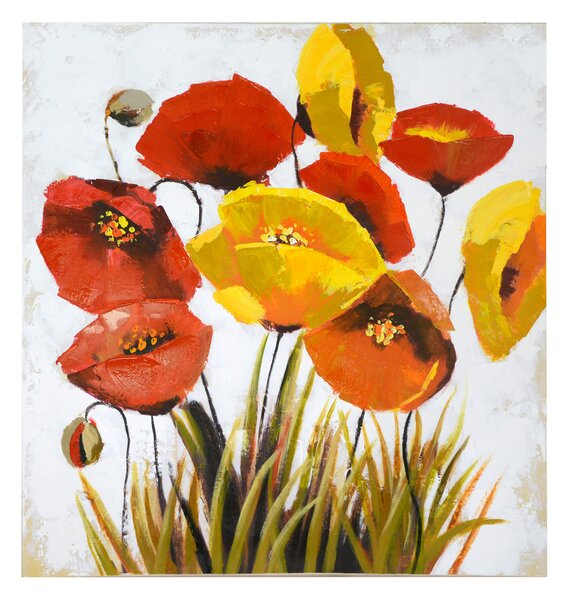Quadro dipinto papaveri e fiori gialli cm 80x80x4