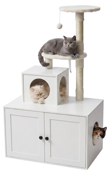 Relaxdays, tiragraffi per gatti con armadietto per la lettiera, dimensioni: 133x78x49 cm, pali in sisal e cuccia, aspetto legno, torre per gatti, colore bianco