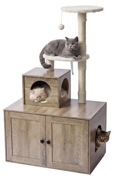 Relaxdays, tiragraffi per gatti con armadietto per la lettiera, dimensioni: 133x78x49 cm, pali in sisal e cuccia, aspetto legno, torre per gatti, color marrone chiaro