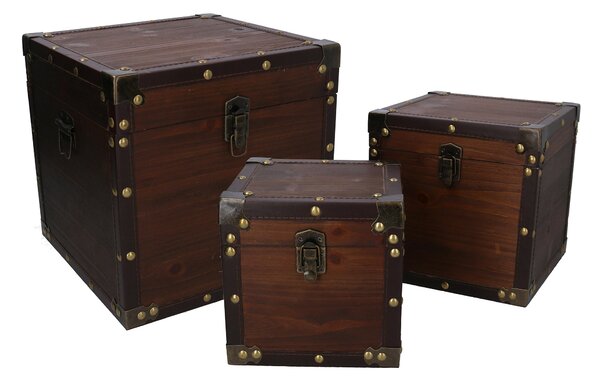 Set 3 Scatole in legno in Similpelle marrone quadro