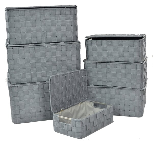 Set 7 Scatole in poliestere grigio rettangolare con manici in metallo