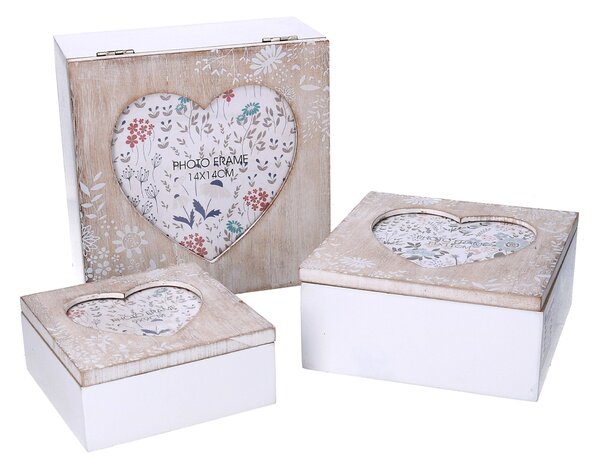 Set 3 Scatole in legno cuore beige quadro