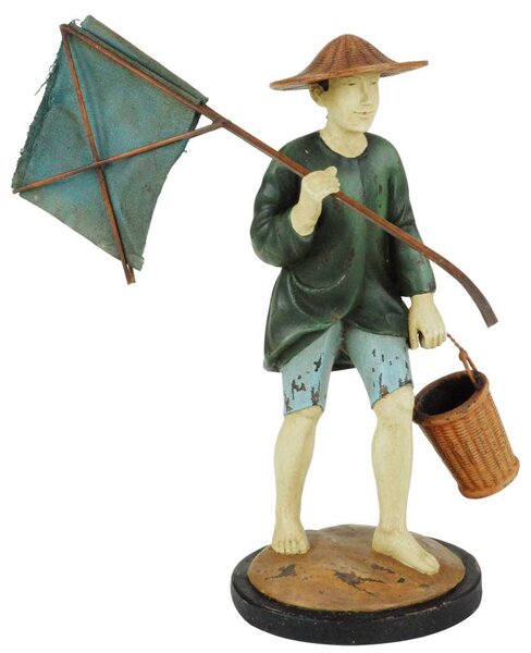 Statua pescatore cinese in legno cm Ø12x24xh28