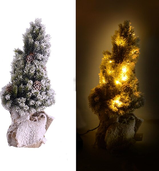Mini Albero di Natale mottarone verde innevato con Led, pigne e base juta cm h45