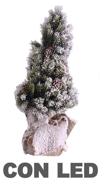 Mini Albero di Natale mottarone verde innevato con Led, pigne e base juta cm h45