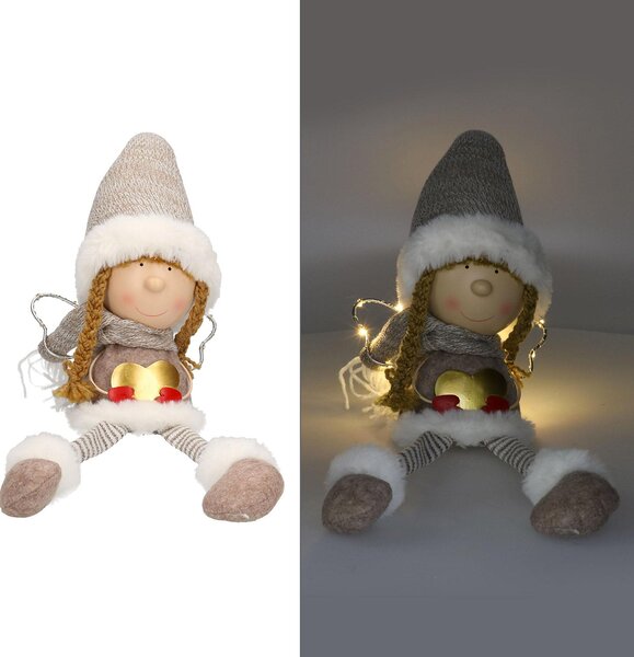 Pupazzo in Tessuto angelo crema con Led e cuore seduto cm 11x18xh56