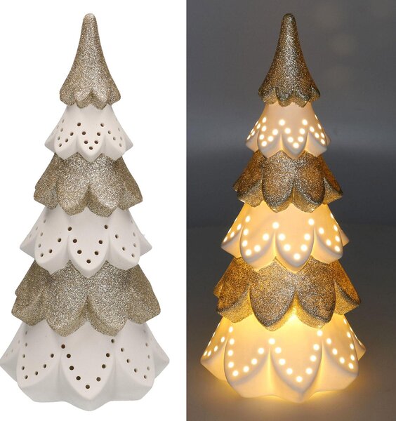 Albero di Natale in ceramica bianco oro con Led cm Ø14xh29