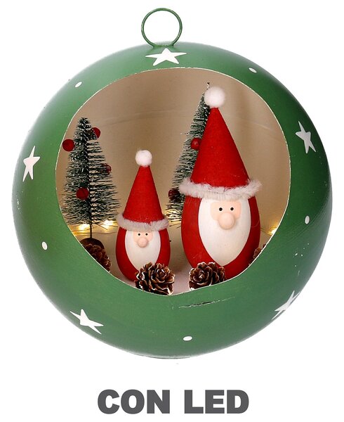 Pupazzo Babbo Natale in Metallo dentro pallina con Led verde cm Ø22xh22