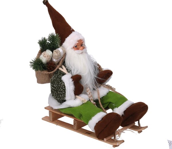 Pupazzo Babbo Natale in Tessuto su slitta verde cm 33x12xh30