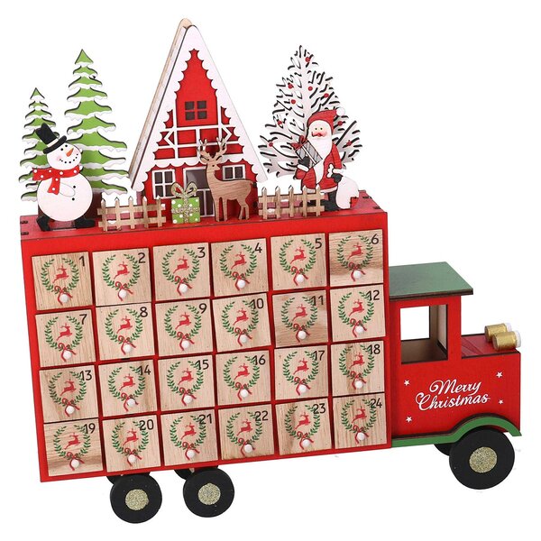 Calendario dell'Avvento in Legno con Led furgone rosso cm 32x7xh32
