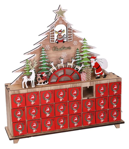Calendario dell'Avvento in Legno con Led albero rosso cm 31x8xh34,5