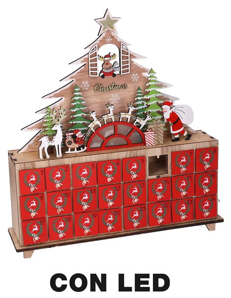 Calendario dell'Avvento in Legno con Led albero rosso cm 31x8xh34,5