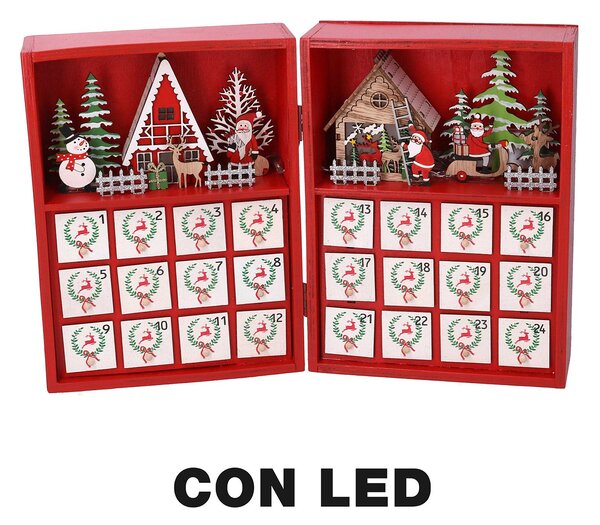Calendario dell'Avvento in Legno con Led rosso cm 36x6xh24