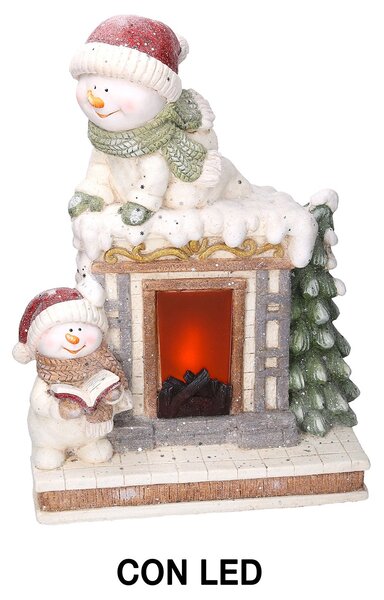 Camino in Resina con Led e pupazzo di neve bianco cm 41x22,5xh52