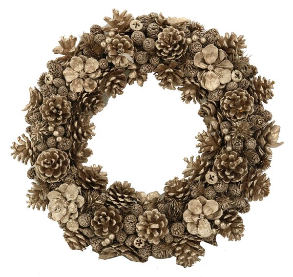Coroncina con fiori e pigne champagne cm Ø45xh8,5