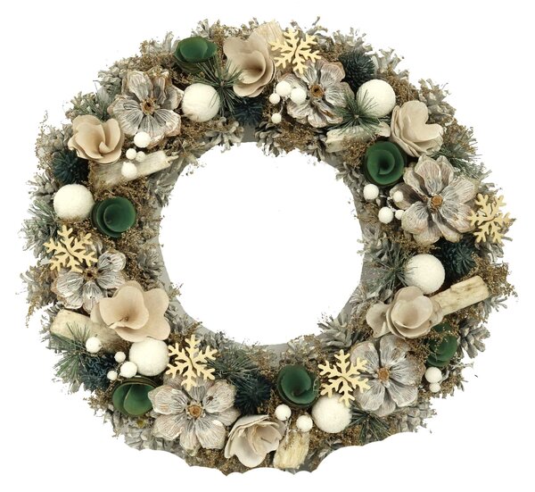 Coroncina con pigne e fiori bianco verde cm Ø45xh8,5