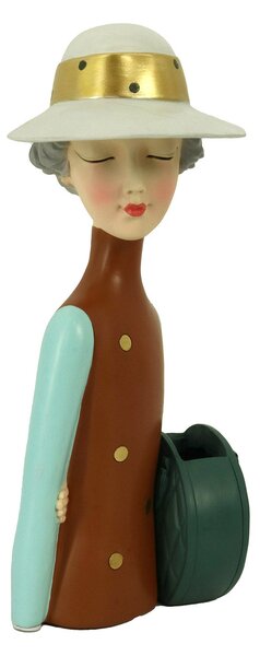 Statuina Donna in Resina marrone con borsa portavaso cm 17x13xh36
