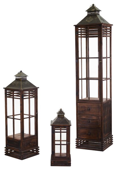 Set 3 Lanterne in Legno marrone scuro rettangolare