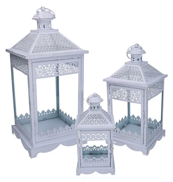 Set 3 Lanterne in Metallo bianco opaco argentato quadro