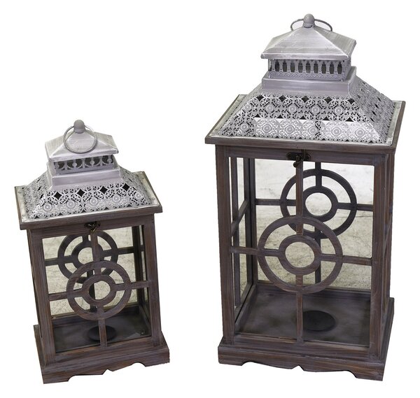 Set 2 Lanterne in Legno in Metallo grigio chiaro rettangolare