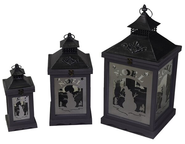 Set 3 Lanterne in Legno in Metallo pupazzo bianco argento quadro