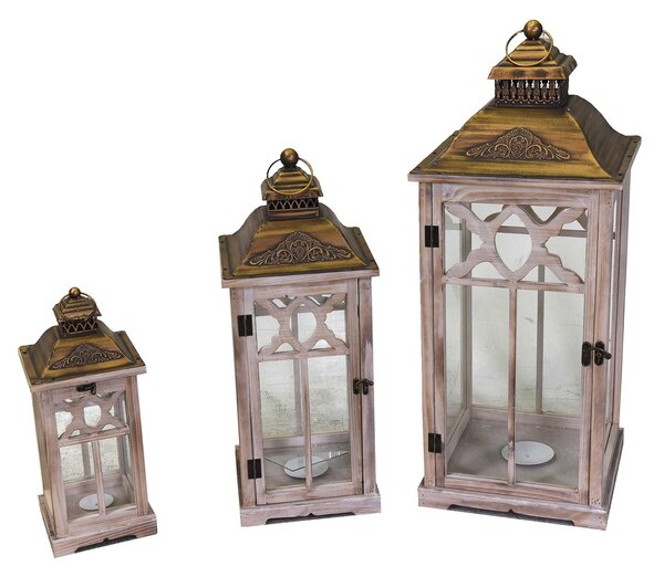 Set 3 Lanterne in Legno in Metallo naturale quadro