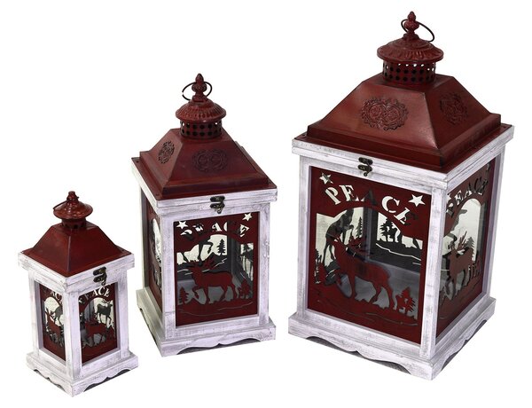 Set 3 Lanterne in Legno in Metallo renna biancorosso quadro