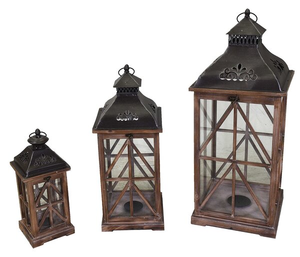 Set 3 Lanterne in Legno in Metallo noce quadro