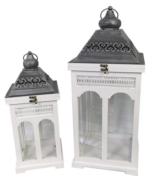 Set 2 Lanterne in Legno in Metallo bianco argento quadro