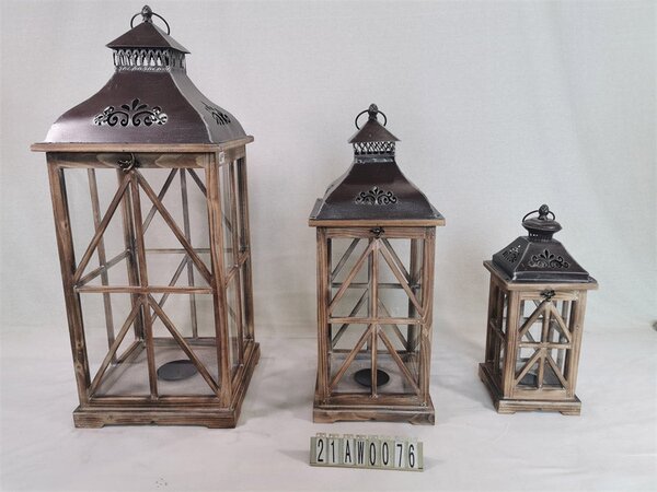 Set 3 Lanterne in Legno in Metallo noce quadro