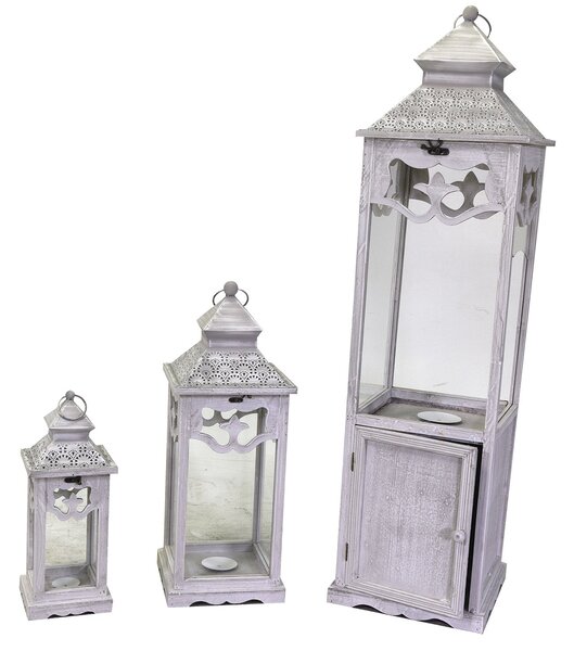 Set 3 Lanterne in Legno in Metallo sbiancato c/anta quadro