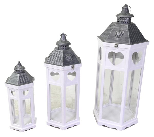 Set 3 Lanterne in Legno in Metallo bianco argento esagonale