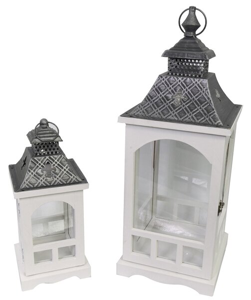 Set 2 Lanterne in Legno in Metallo bianco argento quadro
