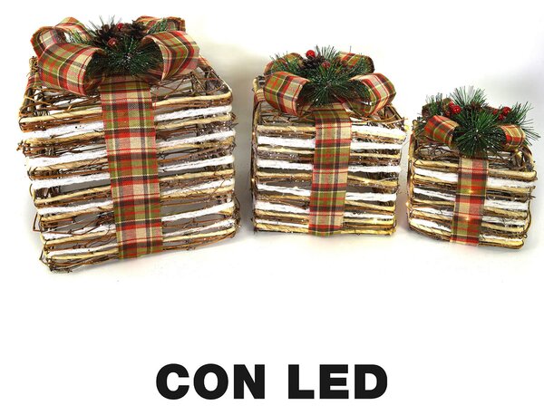 Set 3 Pacchi Regalo Decorativi con Led naturale