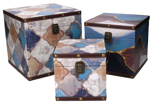 Set 3 Scatole in Similpelle blu marocco quadro