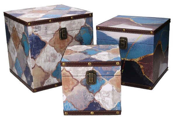 Set 3 Scatole in Similpelle blu marocco quadro