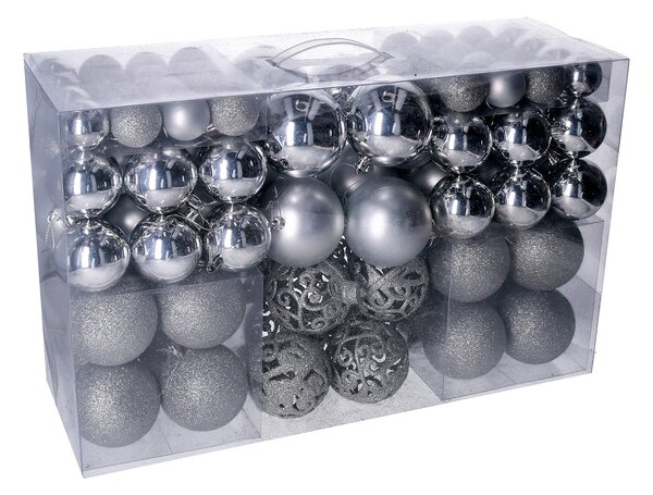 Set 100 Palline Decorative per Albero di Natale in Plastica argento cm Ø4,6,8
