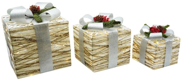Set 3 Pacchi di Natale con LED in Plastica Bianco e Argento