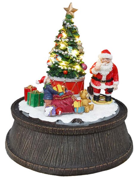Babbo Natale con Albero e Pacchi Regalo Carillon 20,5x20,5x22,5 cm in Resina con Movimento e Luci