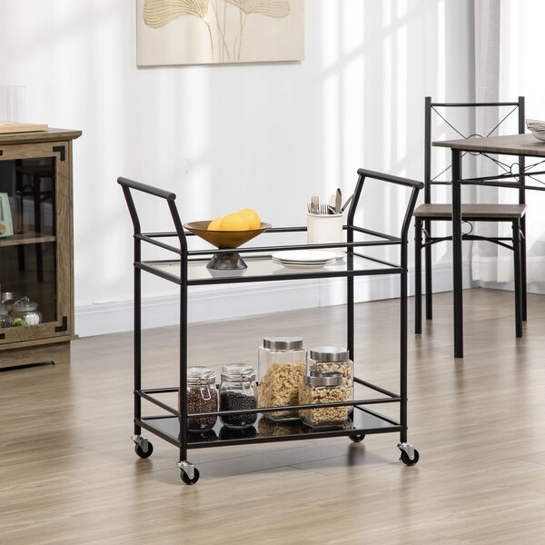 Carrello da Cucina a 2 Ripiani in Vetro Temperato 75x40x80 cm 4 Ruote Struttura in Metallo Nero