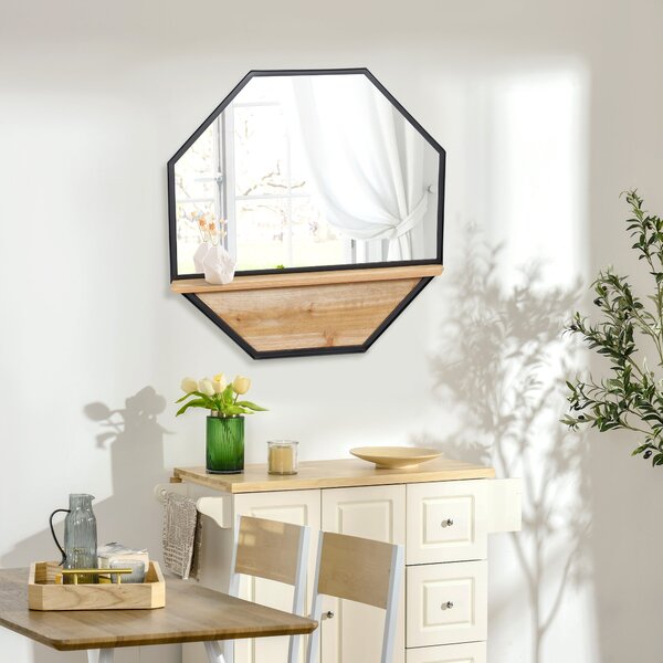 Specchio da Parete Ottagonale con Mensola in Legno 61x61 cm in Metallo Nero